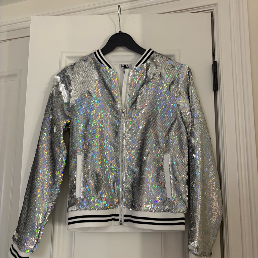 MIA Silver Holographic Sequin Bomber Jacket